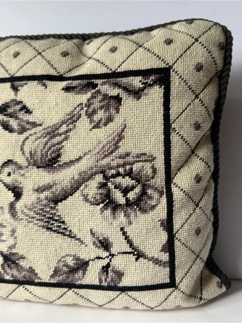 Vintage Bird Lattice Floral Square Needlepoint Decorative Pillow 15x15 in. #2